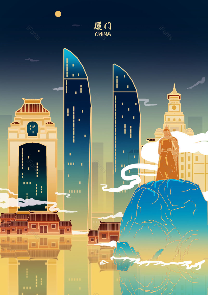 中国风国潮手绘城市建筑景点背景设计,插画/手绘图,插画/手绘图库,插画/手绘图下载,插画/手绘